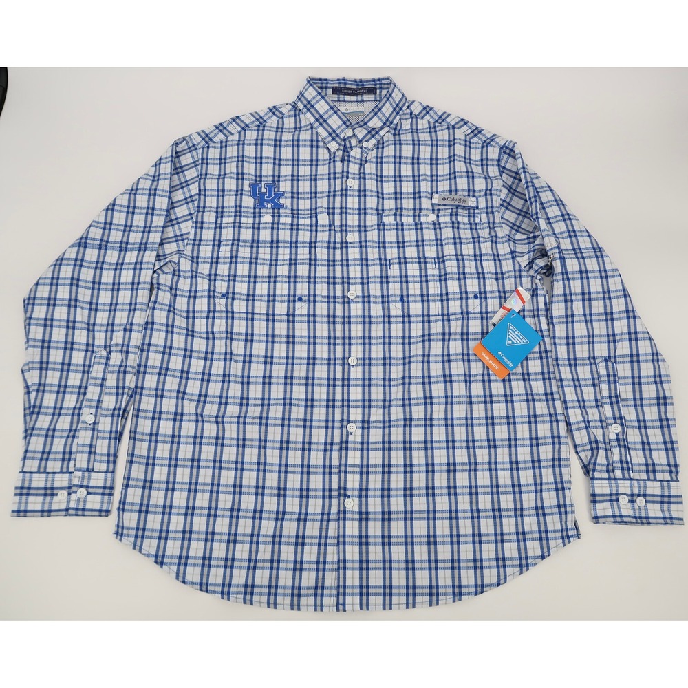Columbia PFG Kentucky Wildcats Super Tamiami Omni-Shade Blue‎ Plaid Shirt Large